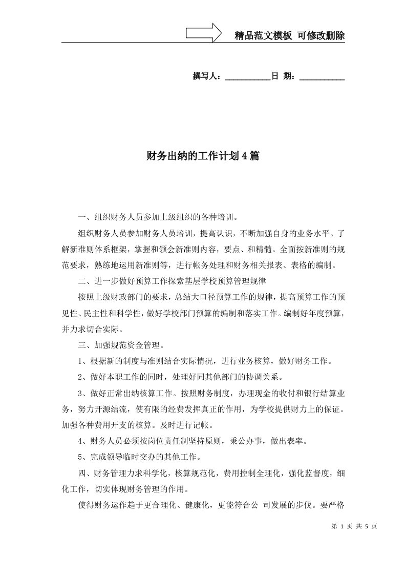 2022年财务出纳的工作计划4篇