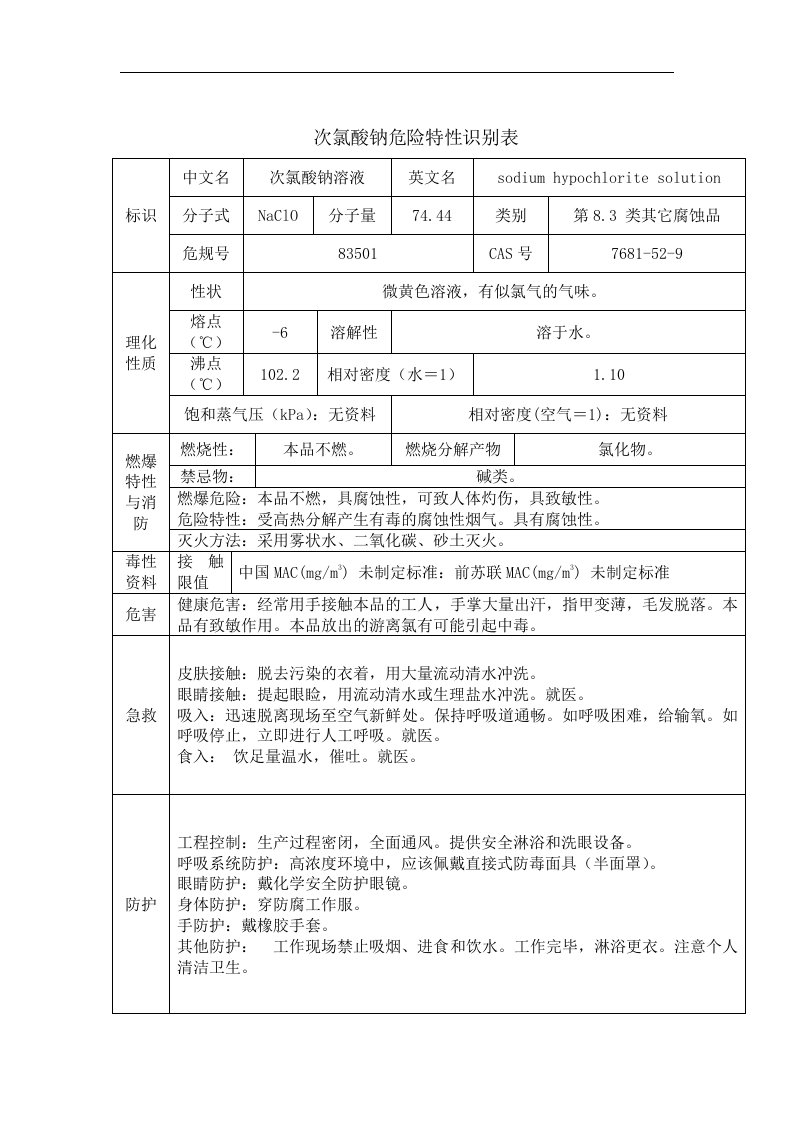 次氯酸钠危险特性识别表