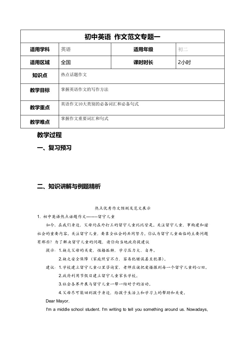 初中英语作文范文专题一教案