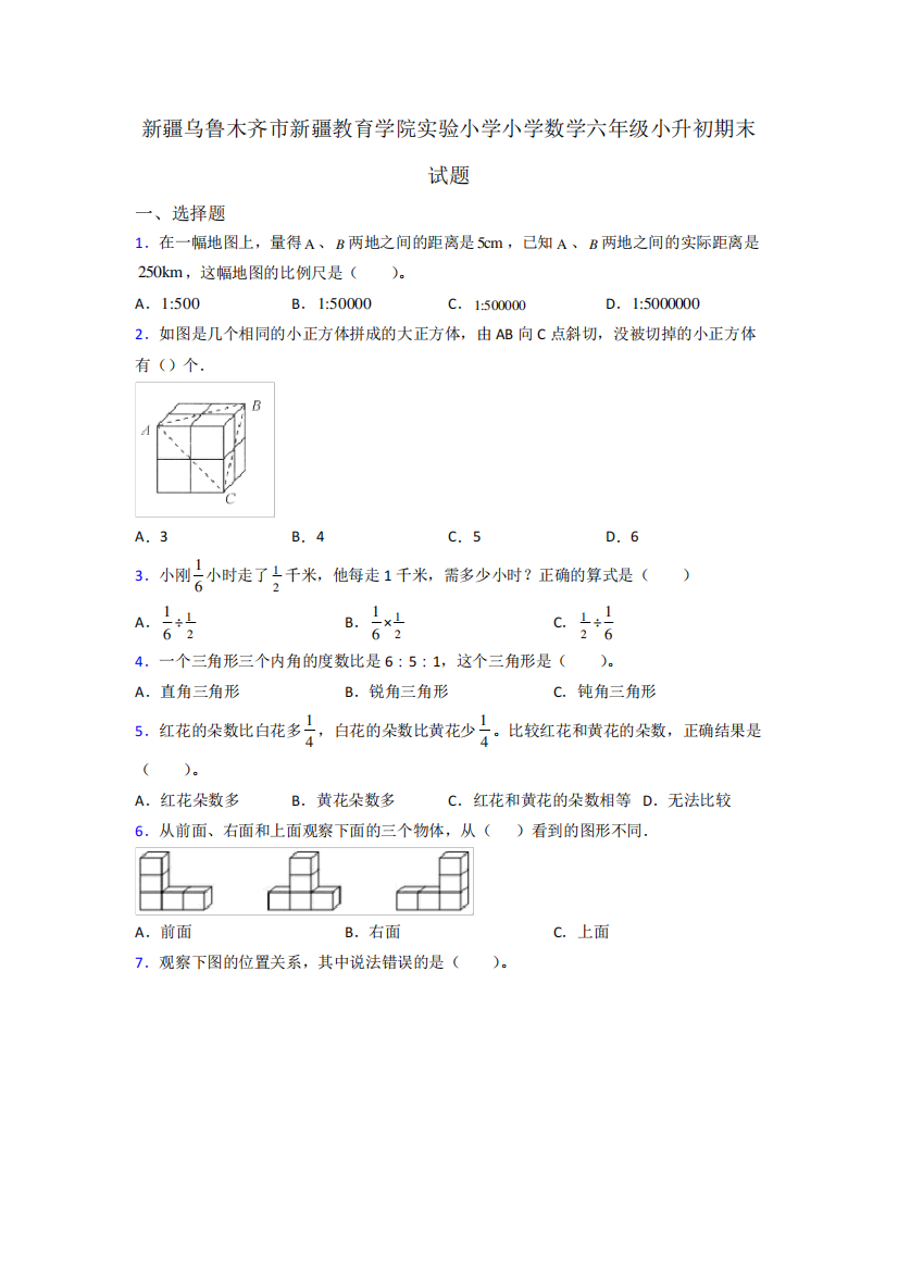 新疆乌鲁木齐市新疆教育学院实验小学小学数学六年级小升初期末试题