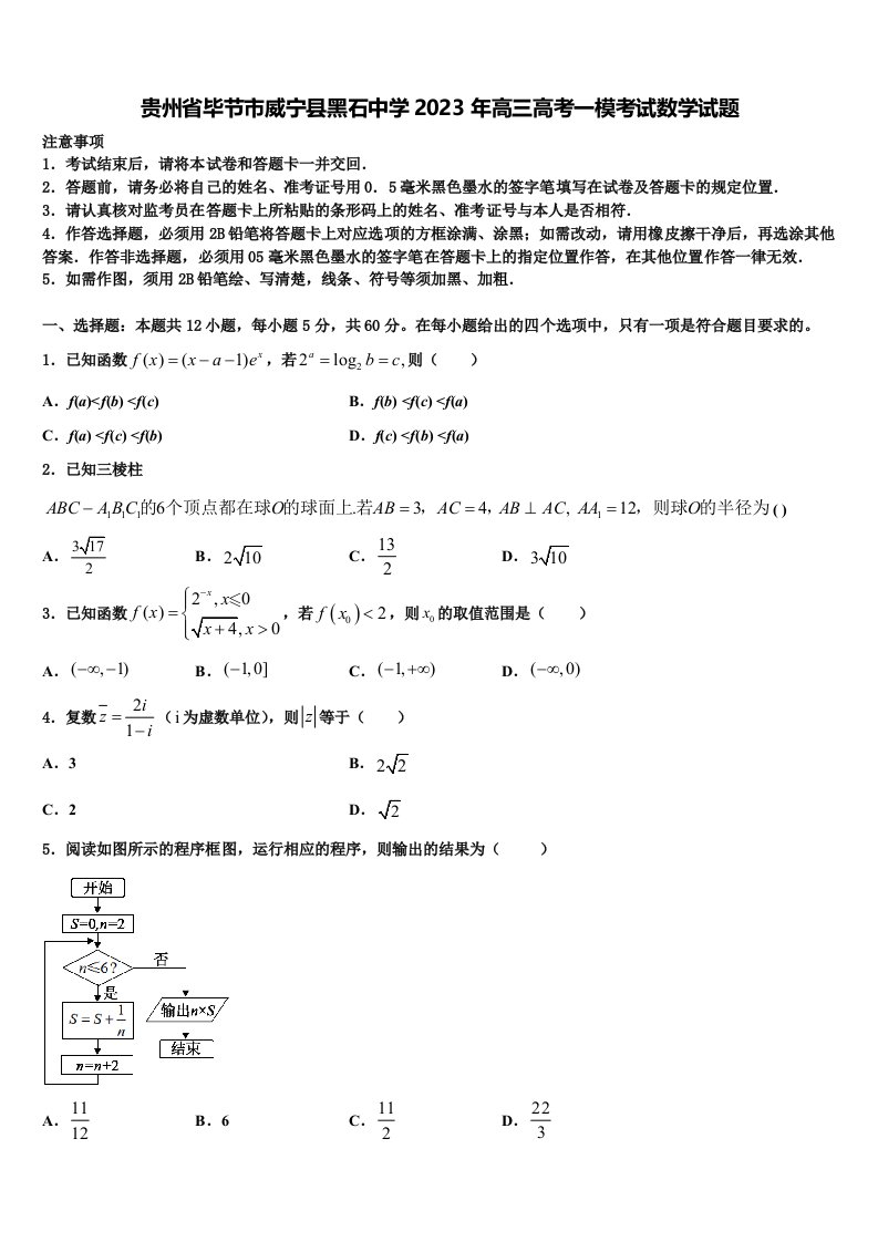 贵州省毕节市威宁县黑石中学2023年高三高考一模考试数学试题含解析