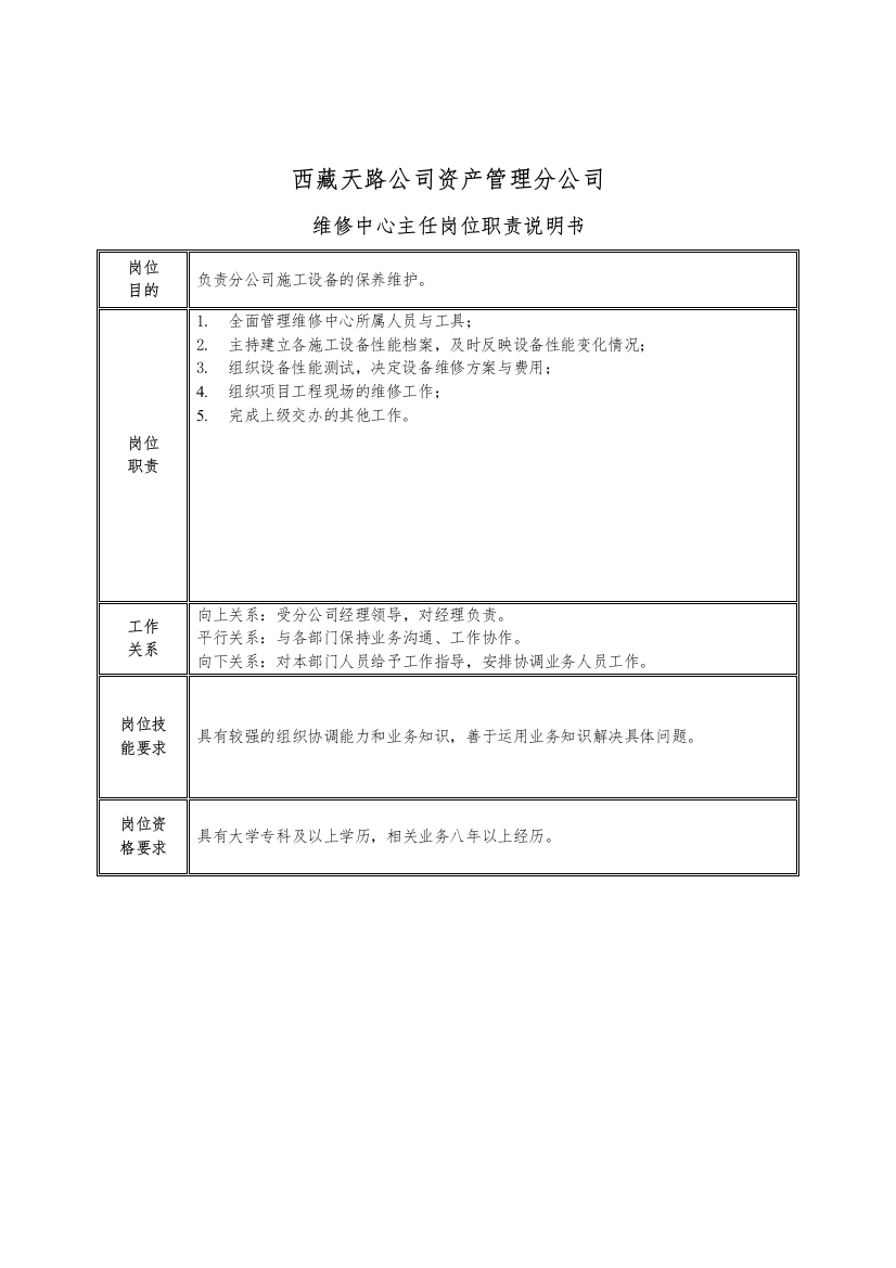 维修中心主任岗位职责说明书