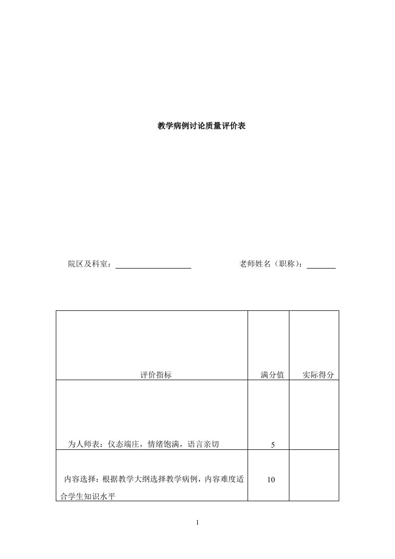 教学病例讨论质量评价表