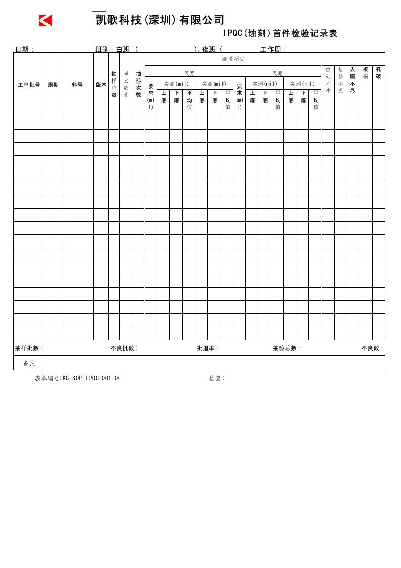 《PCB流程》IPQC（蚀刻）首件检验记录表