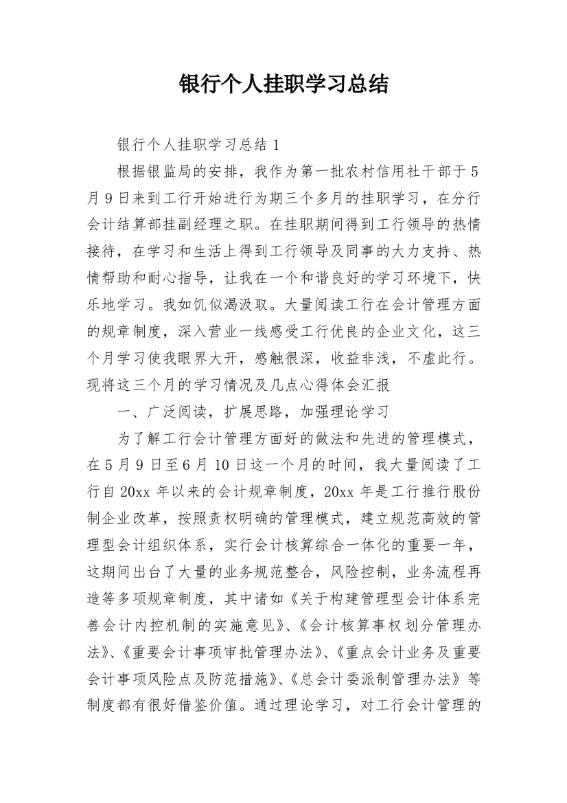 银行个人挂职学习总结