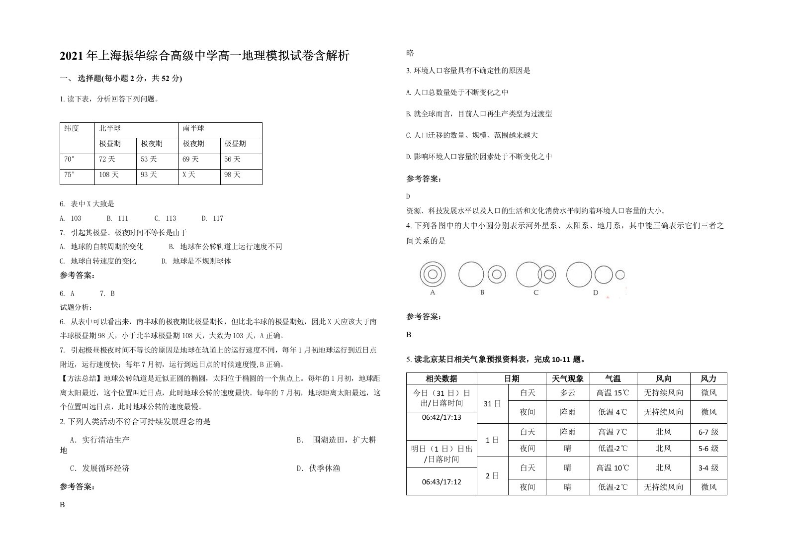 2021年上海振华综合高级中学高一地理模拟试卷含解析