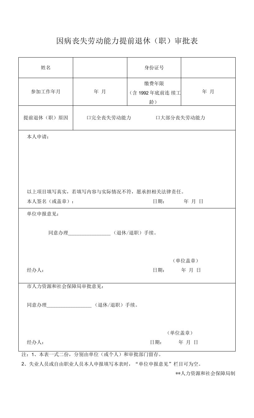 因病丧失劳动能力提前退休（职）审批表.doc