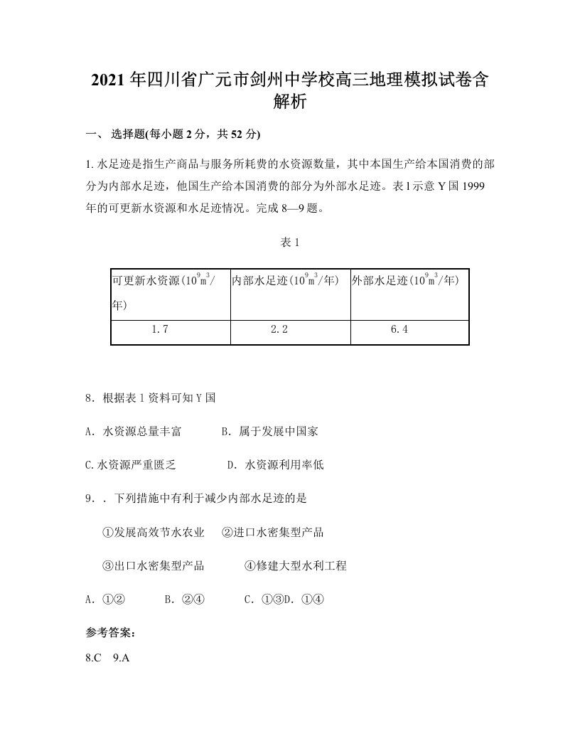 2021年四川省广元市剑州中学校高三地理模拟试卷含解析