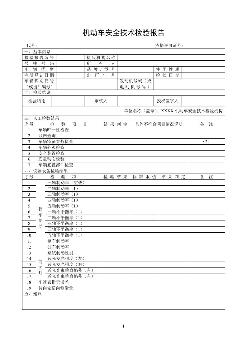 机动车安全技术检验报告(样本)