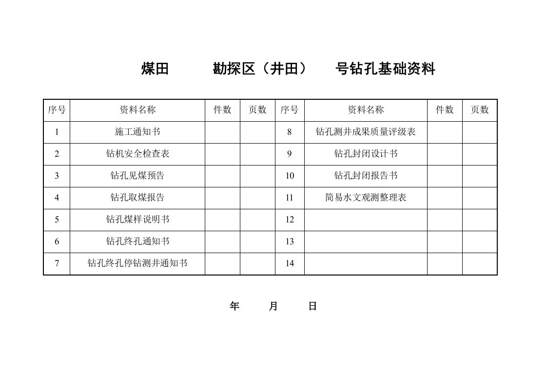 煤田钻孔基础资料表格