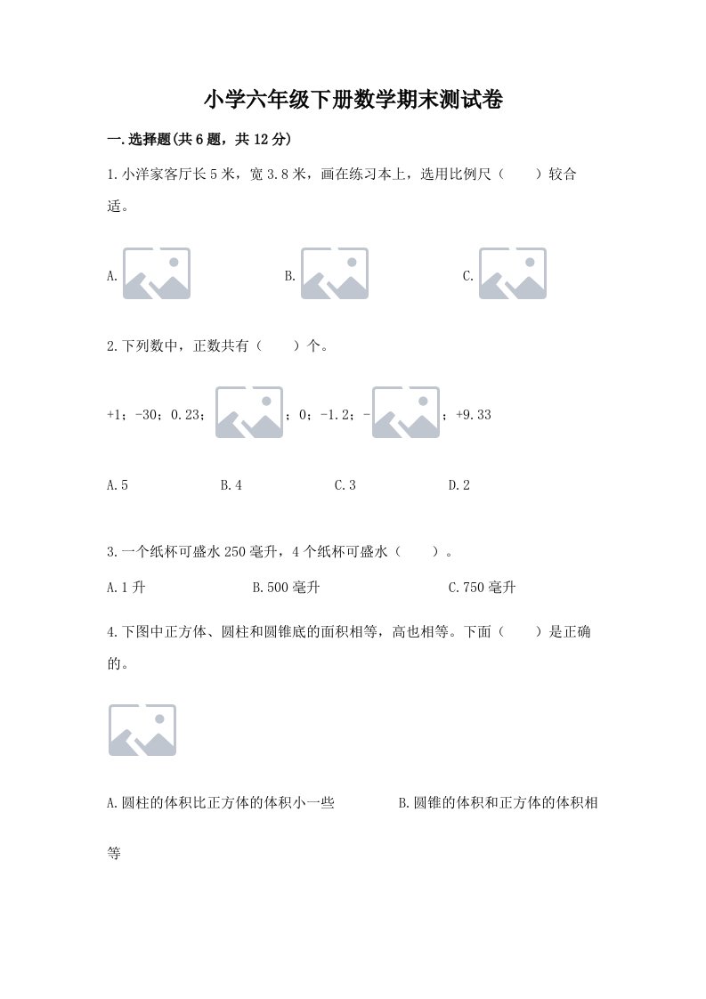 小学六年级下册数学期末测试卷必考