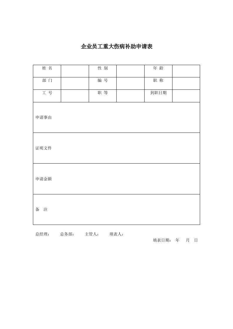 企业员工重大伤病补助申请表