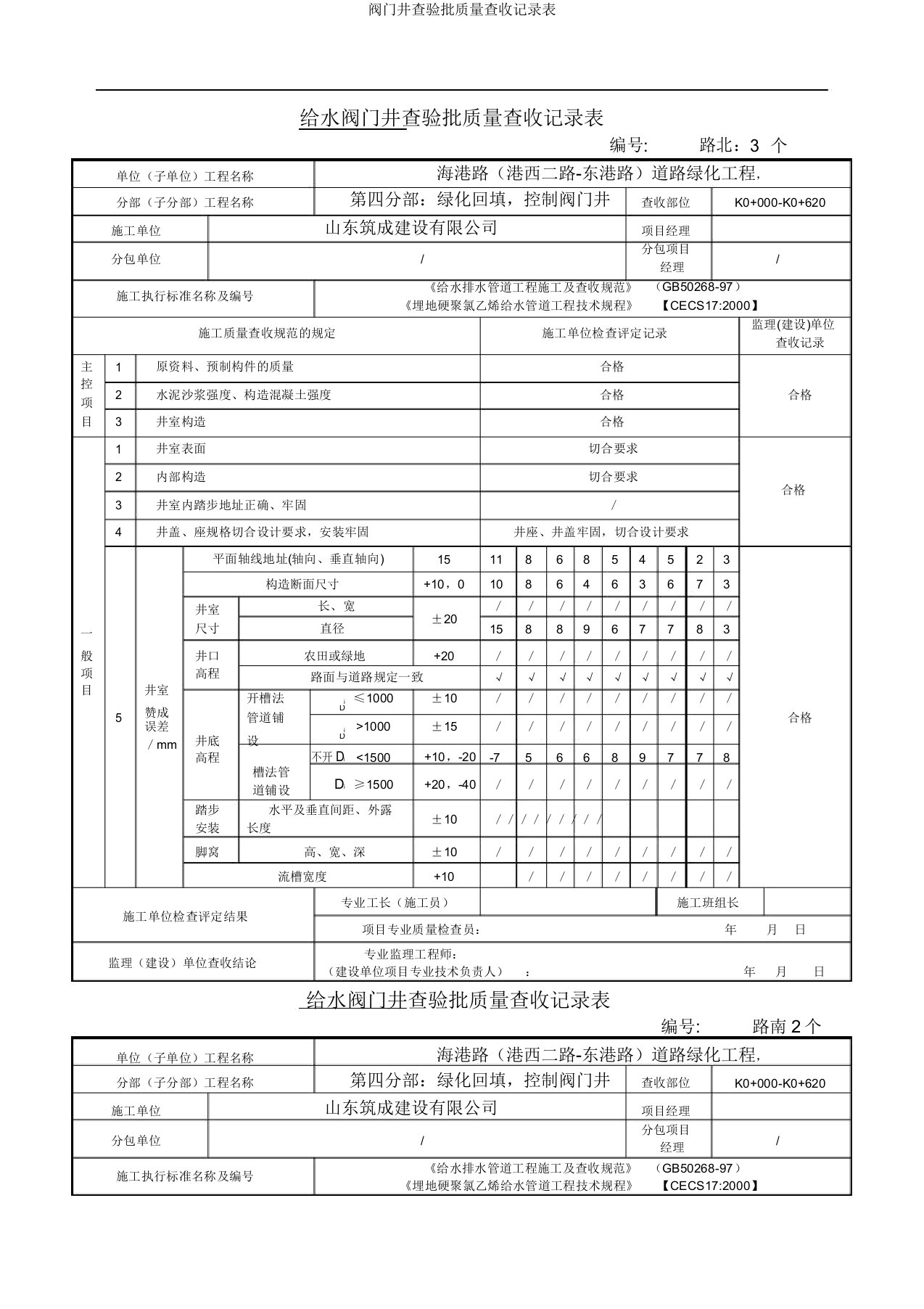 阀门井检验批质量验收记录表