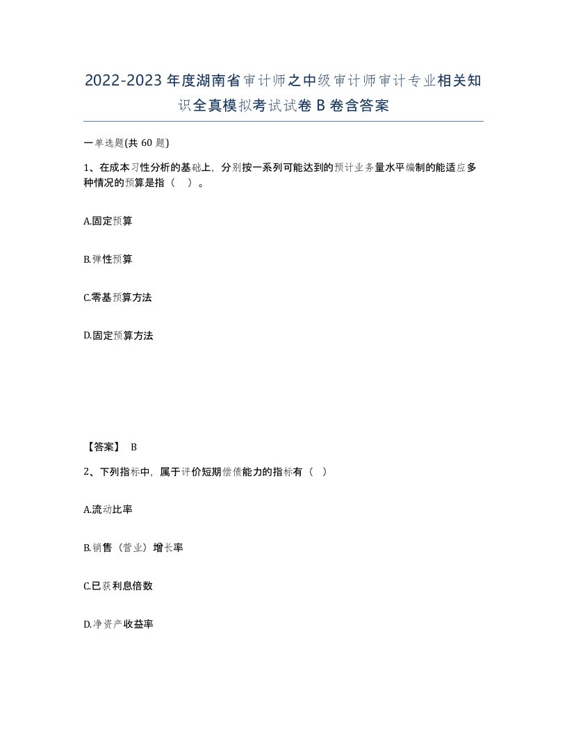 2022-2023年度湖南省审计师之中级审计师审计专业相关知识全真模拟考试试卷B卷含答案