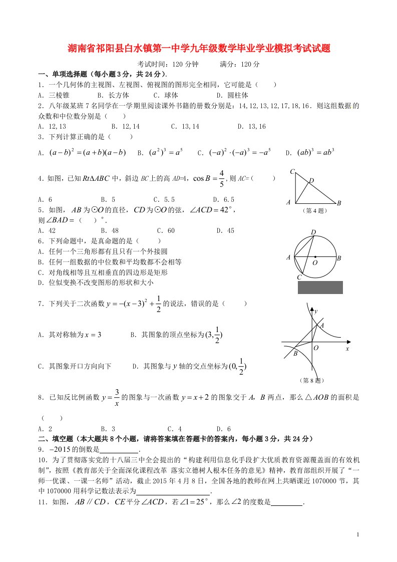 湖南省祁阳县白水镇第一中学九级数学毕业学业模拟考试试题