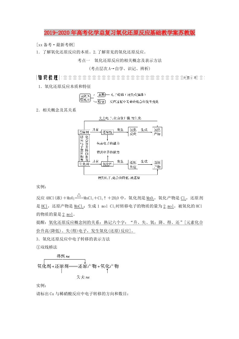 2019-2020年高考化学总复习氧化还原反应基础教学案苏教版