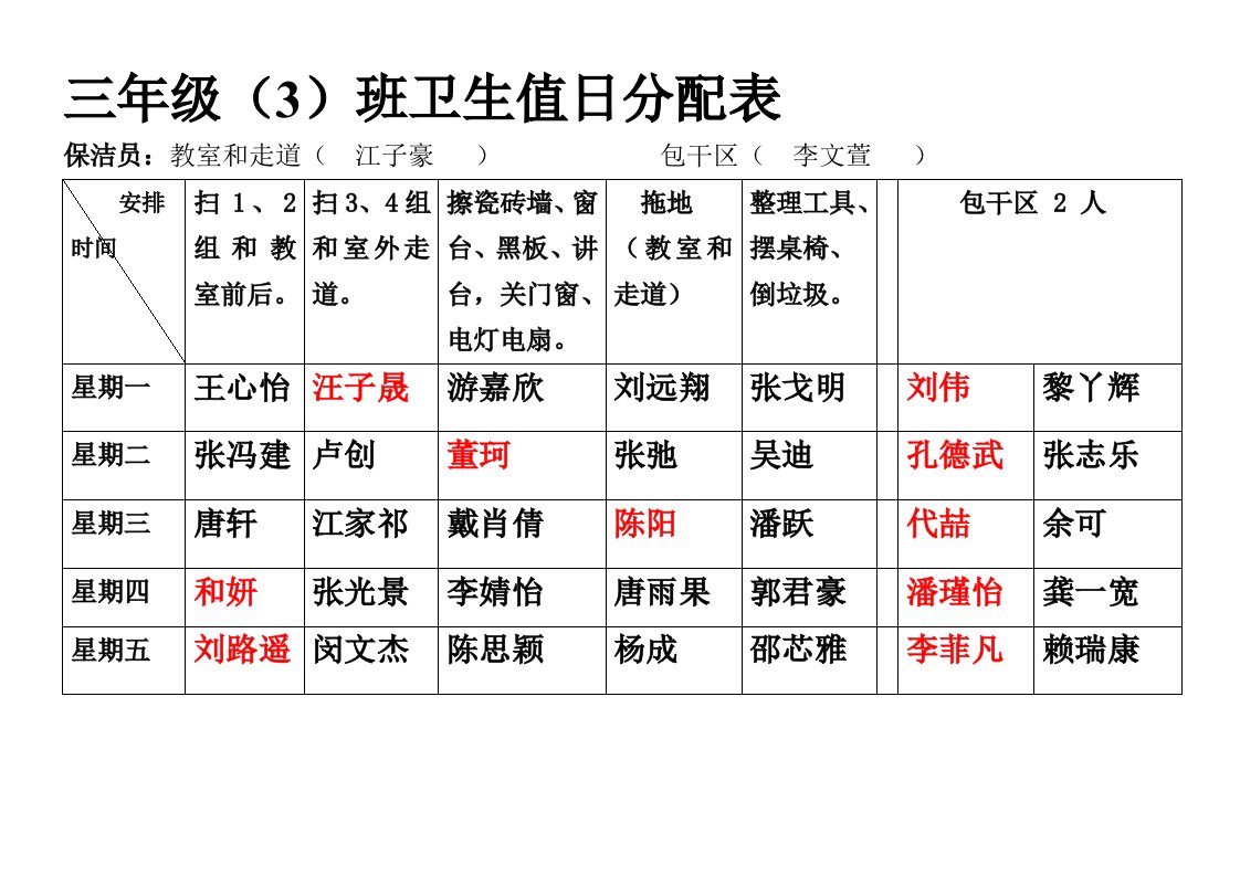 卫生值日分配表