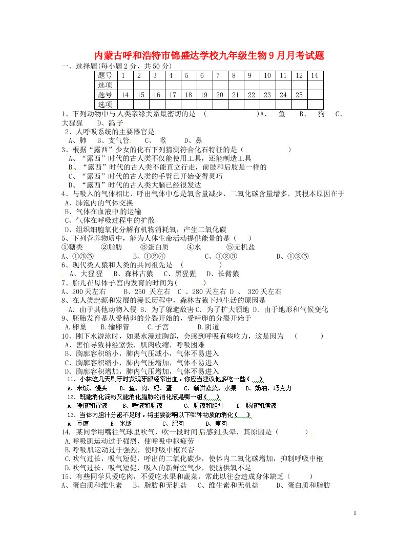 内蒙古呼和浩特市锦盛达学校九级生物9月月考试题