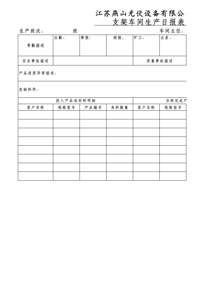 机械加工生产日报表