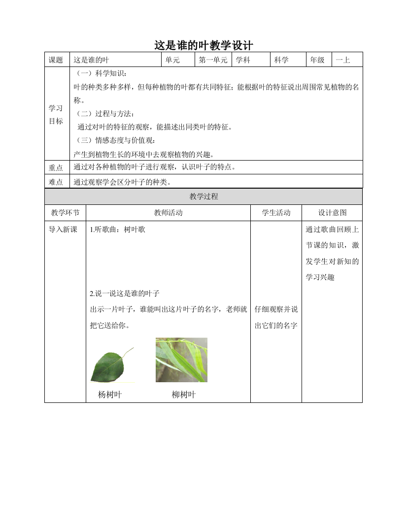 最新-教科版一年级科学上册：一上第一单元第四课《这是谁的叶》()教案教学设计