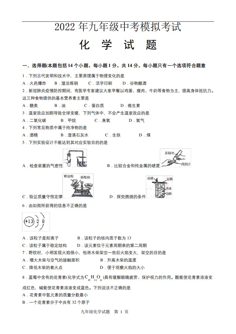 2022年九年级化学中考模拟试题(附答案)