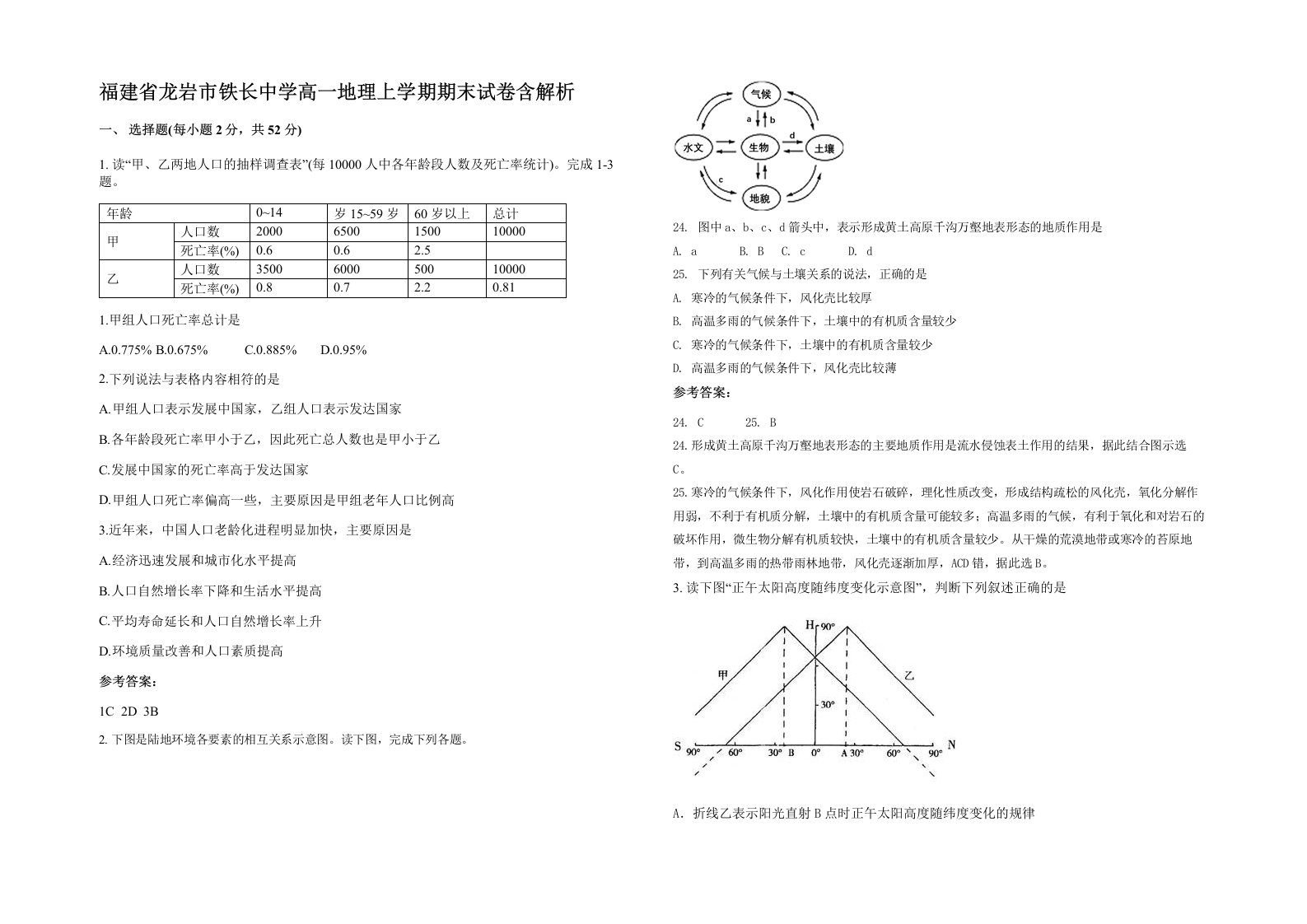 福建省龙岩市铁长中学高一地理上学期期末试卷含解析