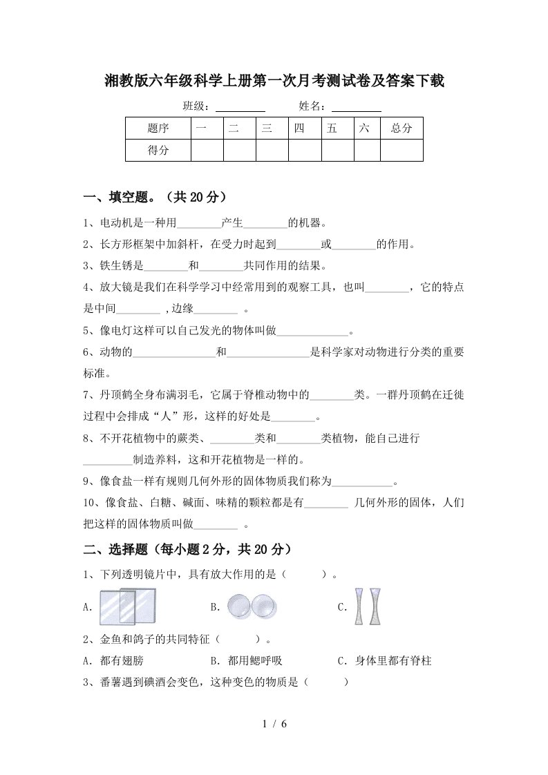 湘教版六年级科学上册第一次月考测试卷及答案下载