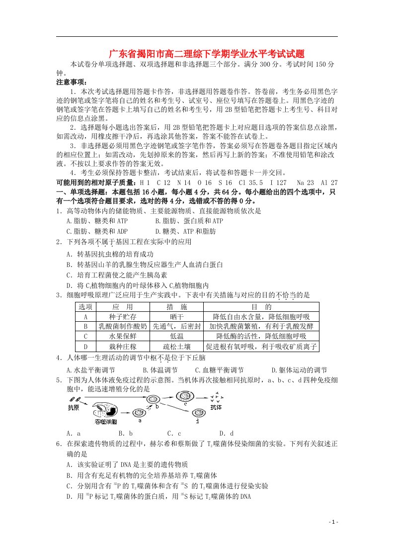 广东省揭阳市高二理综下学期学业水平考试试题