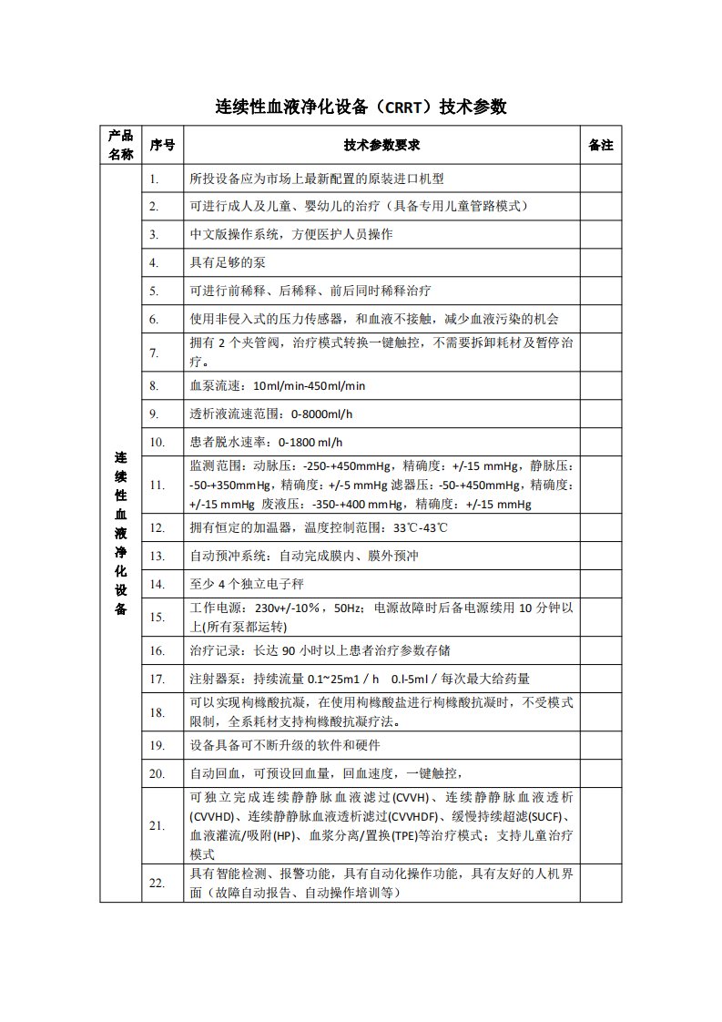 连续性血液净化设备(CRRT)技术参数