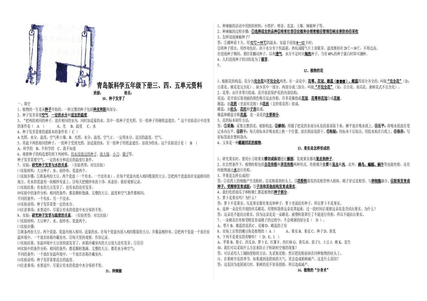 青岛版科学五年级下册3、4、5单元资料