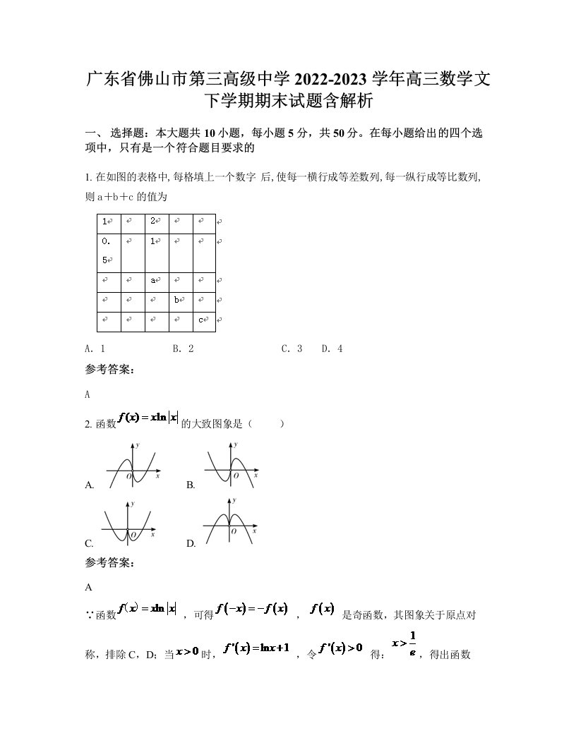 广东省佛山市第三高级中学2022-2023学年高三数学文下学期期末试题含解析