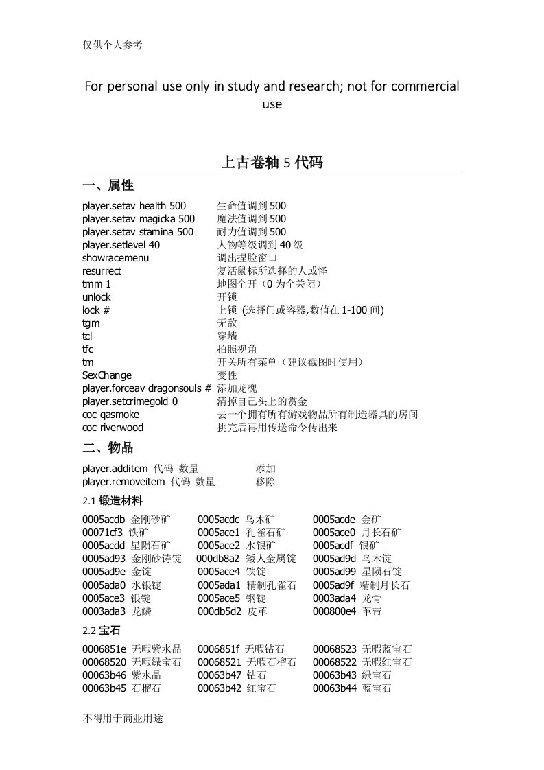 上古卷轴5代码大全