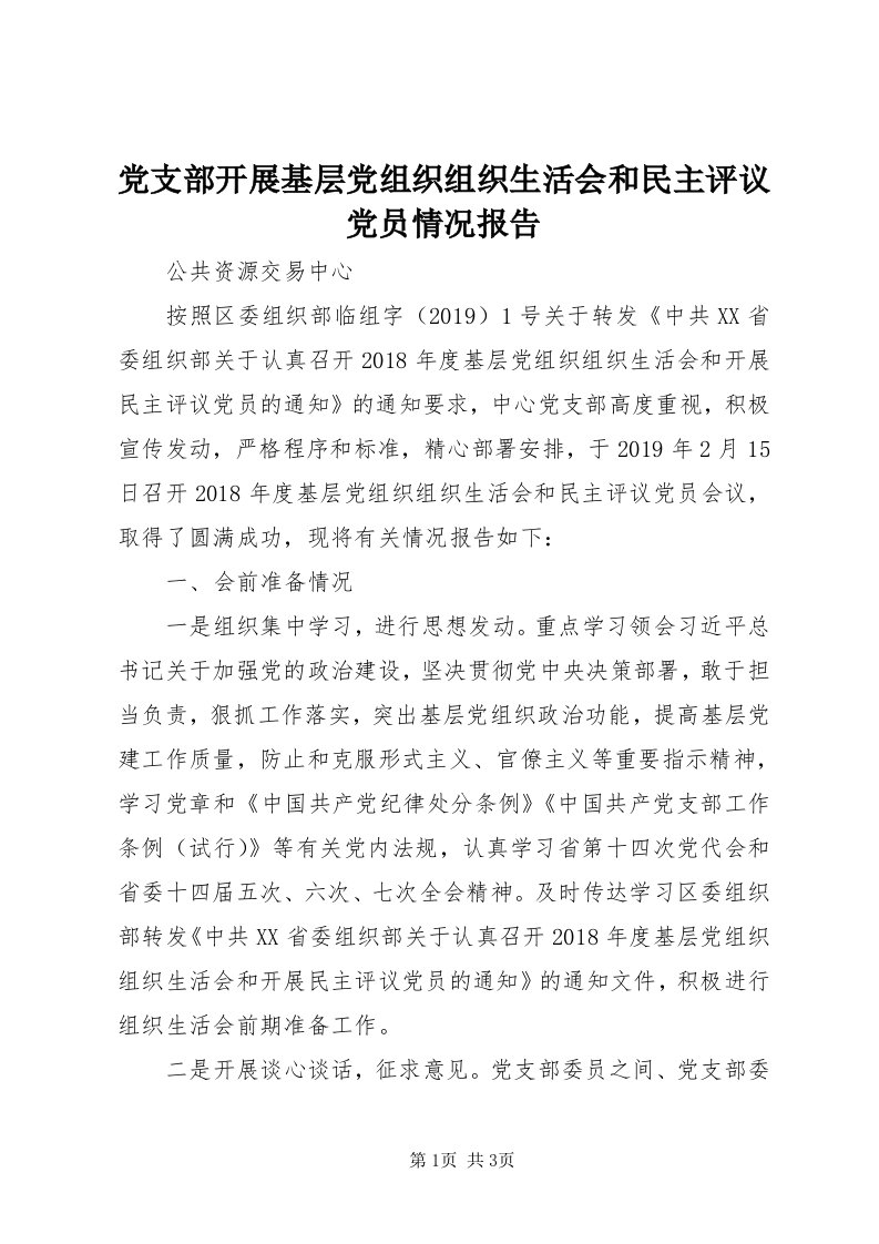 党支部开展基层党组织组织生活会和民主评议党员情况报告