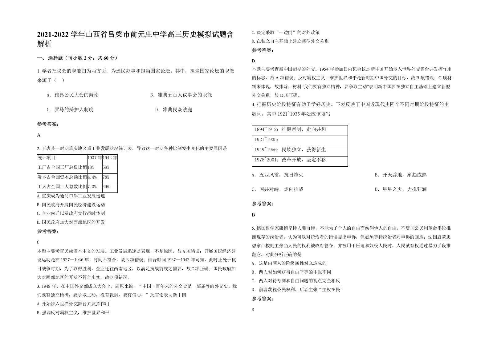 2021-2022学年山西省吕梁市前元庄中学高三历史模拟试题含解析