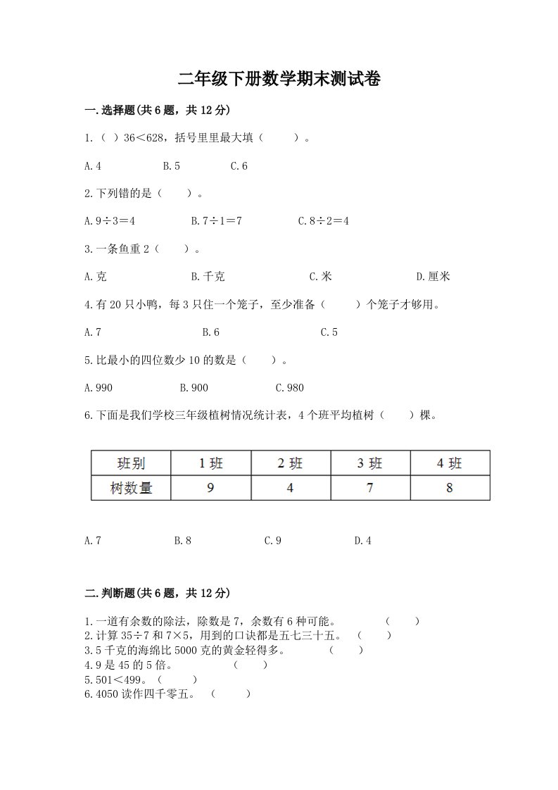 二年级下册数学期末测试卷（各地真题）word版