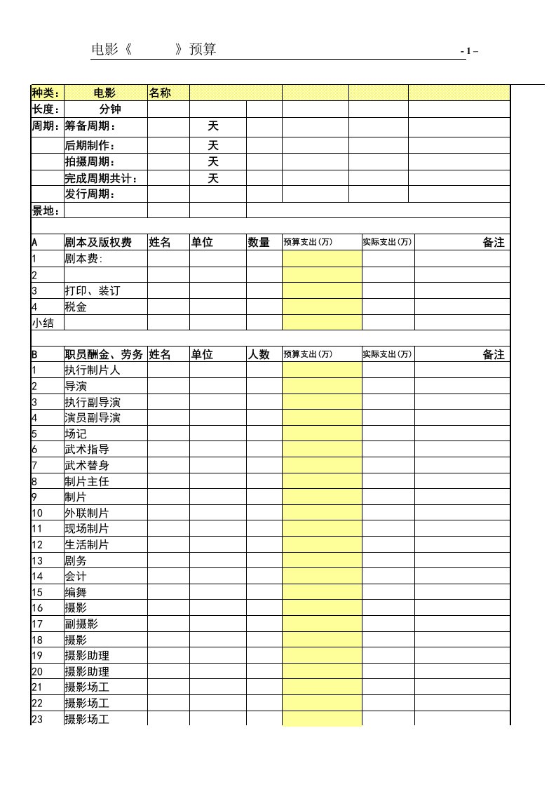 电影预算表空白