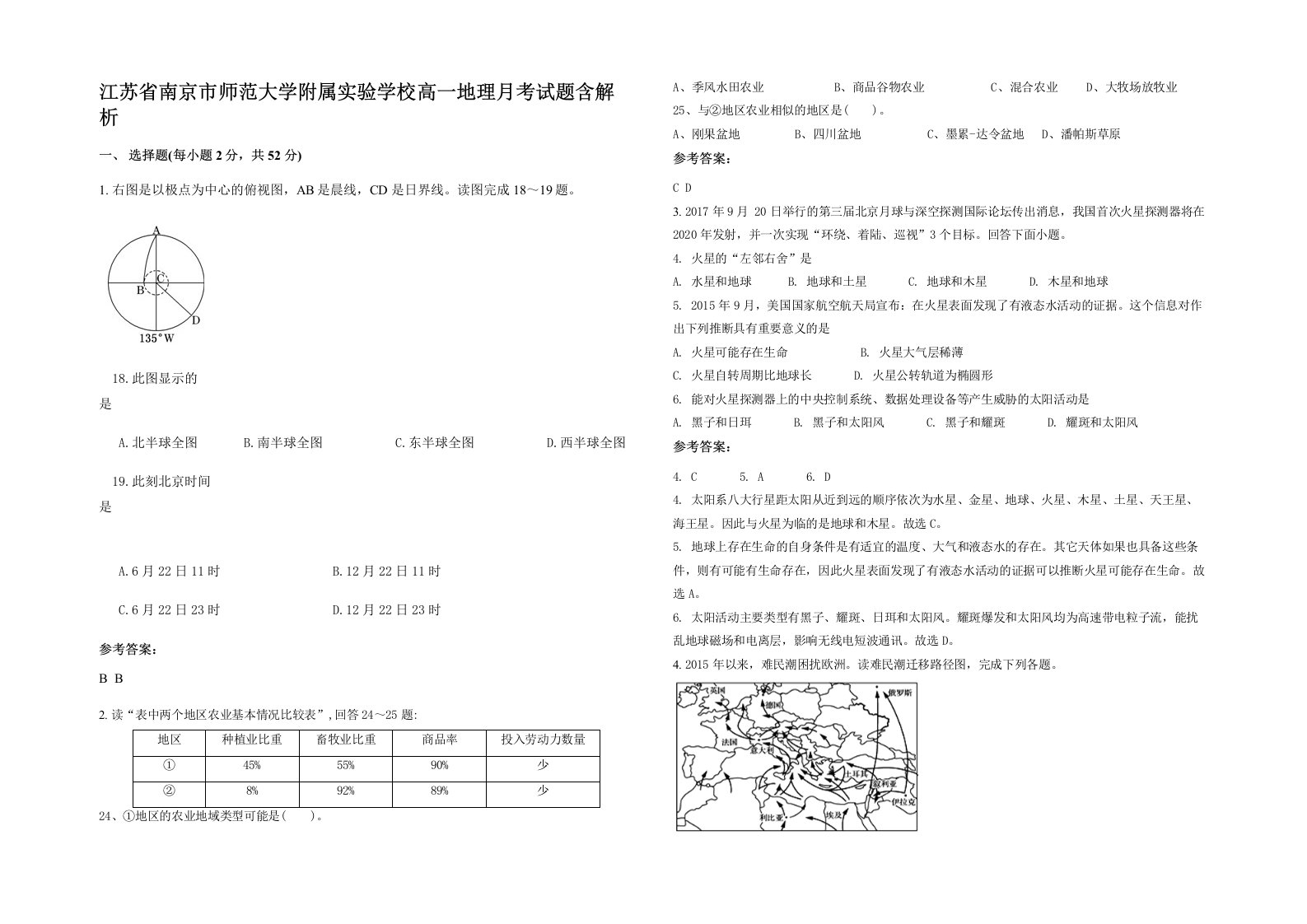 江苏省南京市师范大学附属实验学校高一地理月考试题含解析