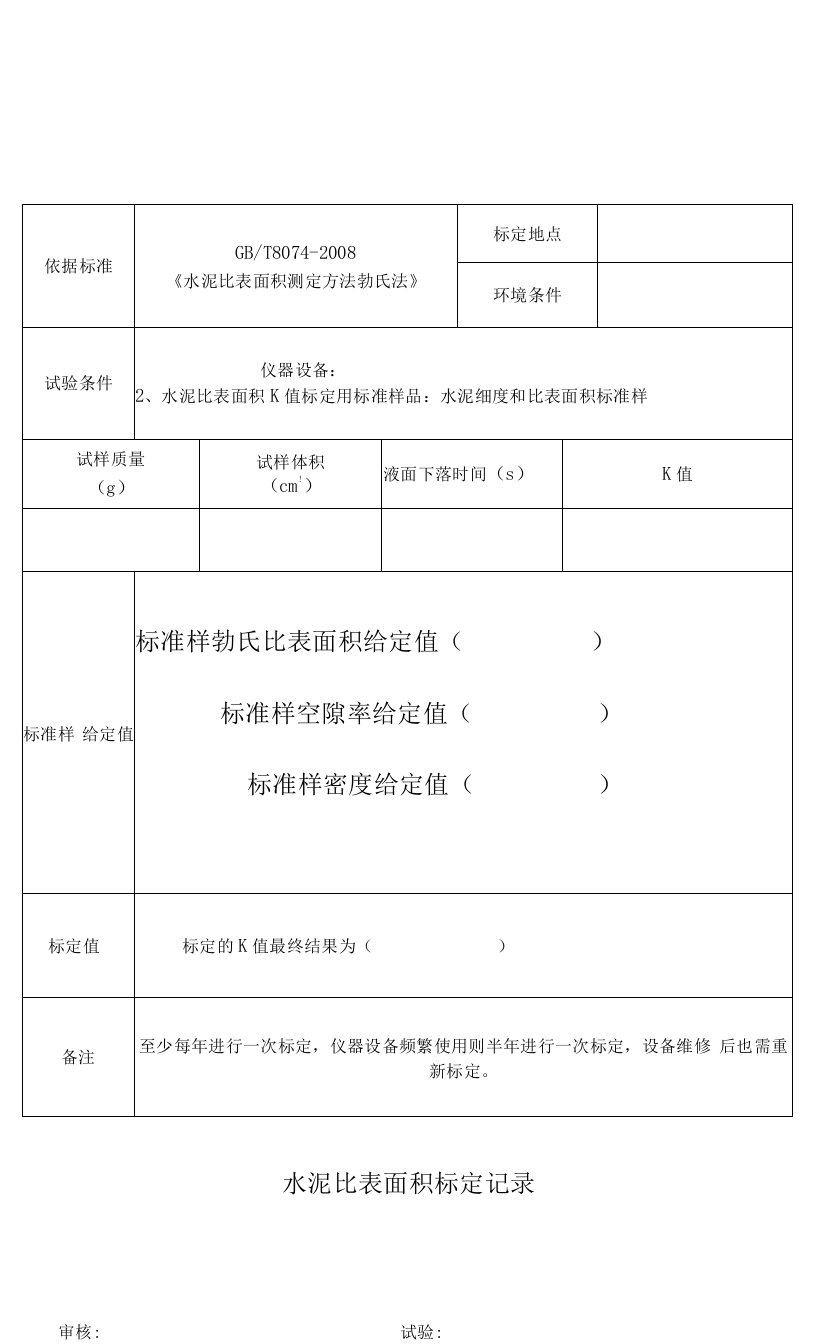 水泥比表面积标定记录