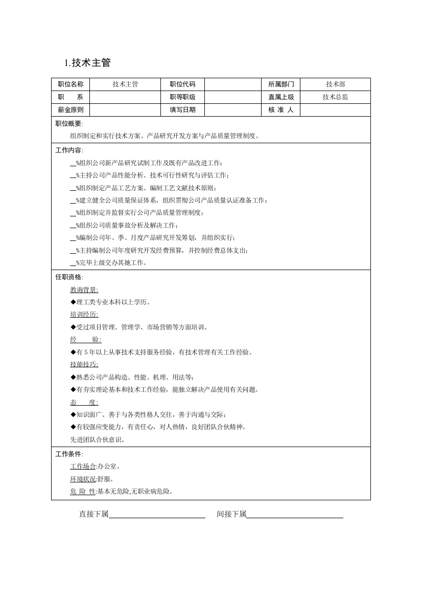 岗位职责描述之技术部样本