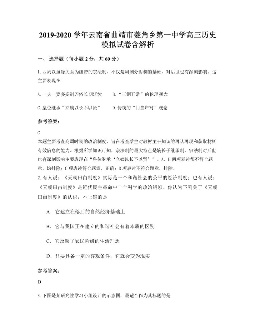 2019-2020学年云南省曲靖市菱角乡第一中学高三历史模拟试卷含解析