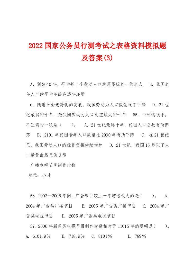 2022国家公务员行测考试之表格资料模拟题及答案(3)