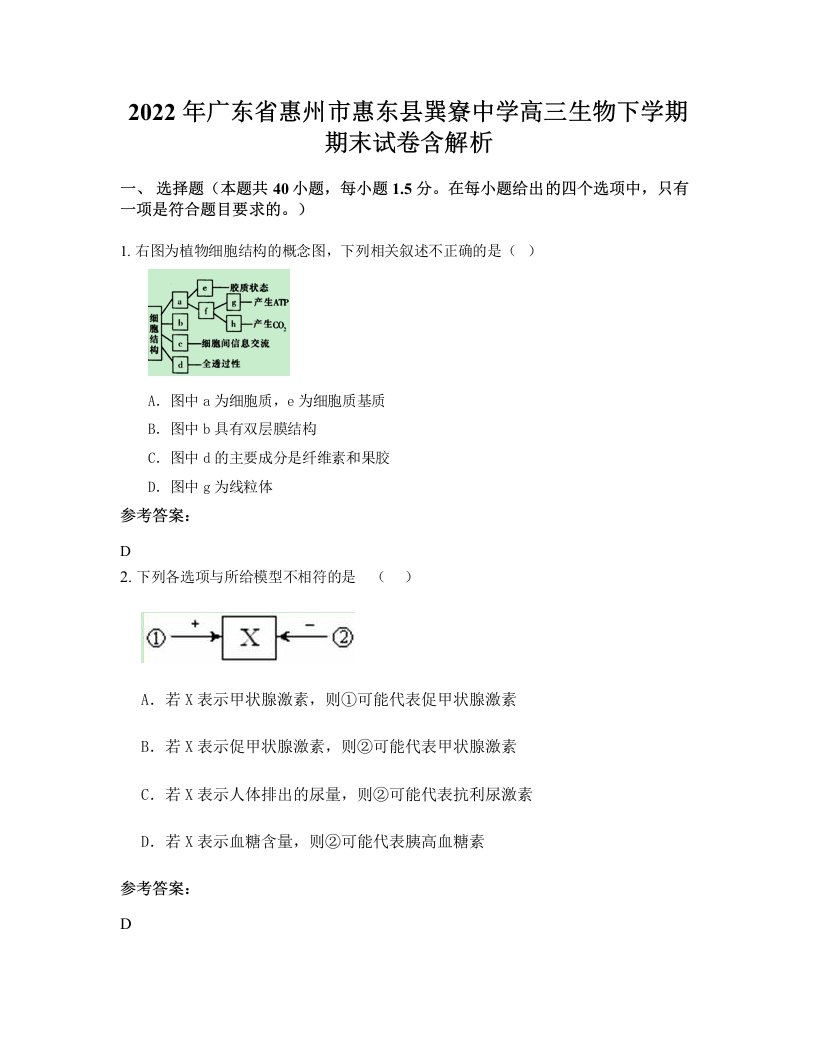 2022年广东省惠州市惠东县巽寮中学高三生物下学期期末试卷含解析