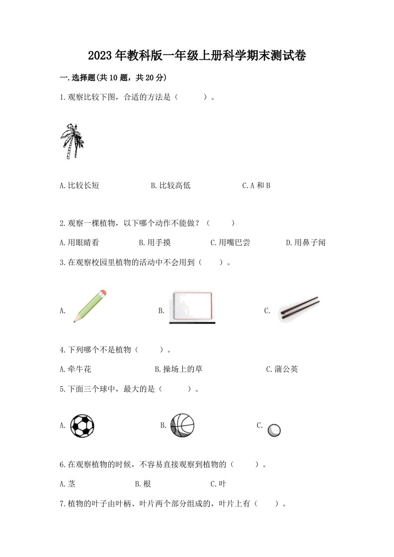 2023年教科版一年级上册科学期末测试卷（必刷）