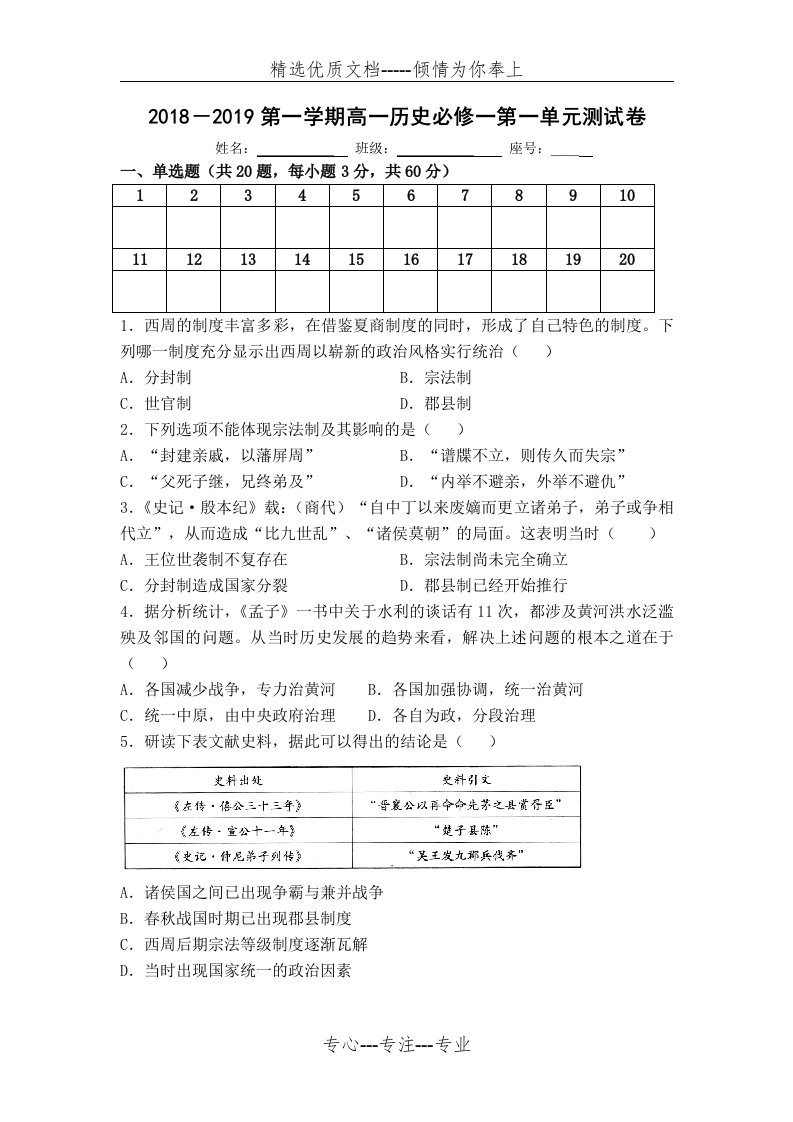 高一历史必修一第一单元测试卷(共8页)