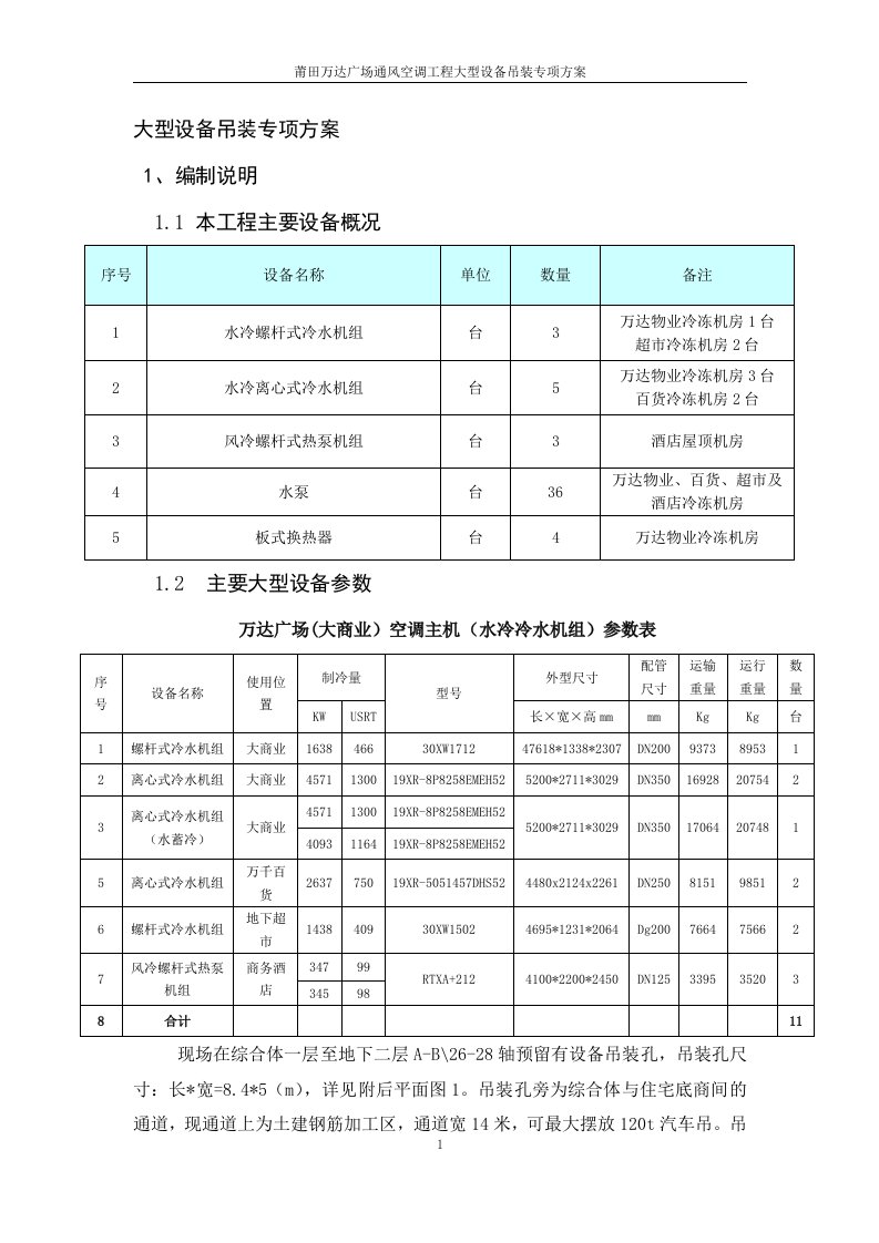 莆田万达广场通风空调工程大型设备吊装专项方案