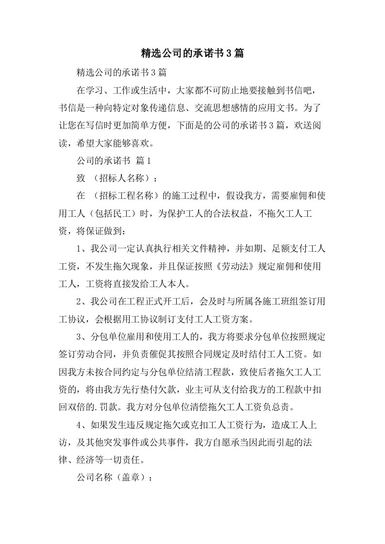 公司的承诺书3篇