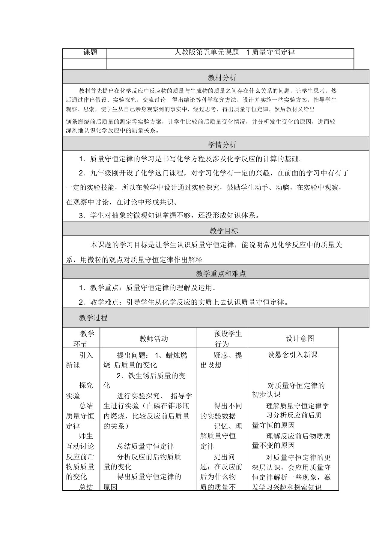 第五单元课题1质量守恒定律教学设计与反思