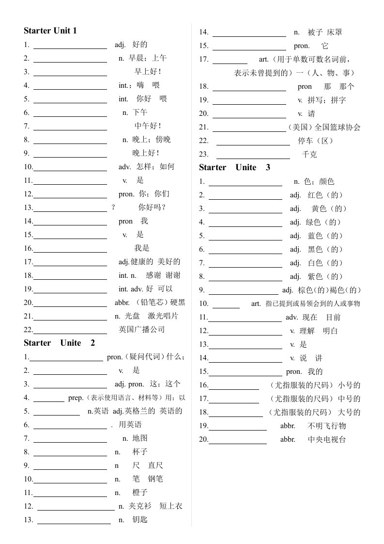 2018年新版人版七年级上英语单词-中文