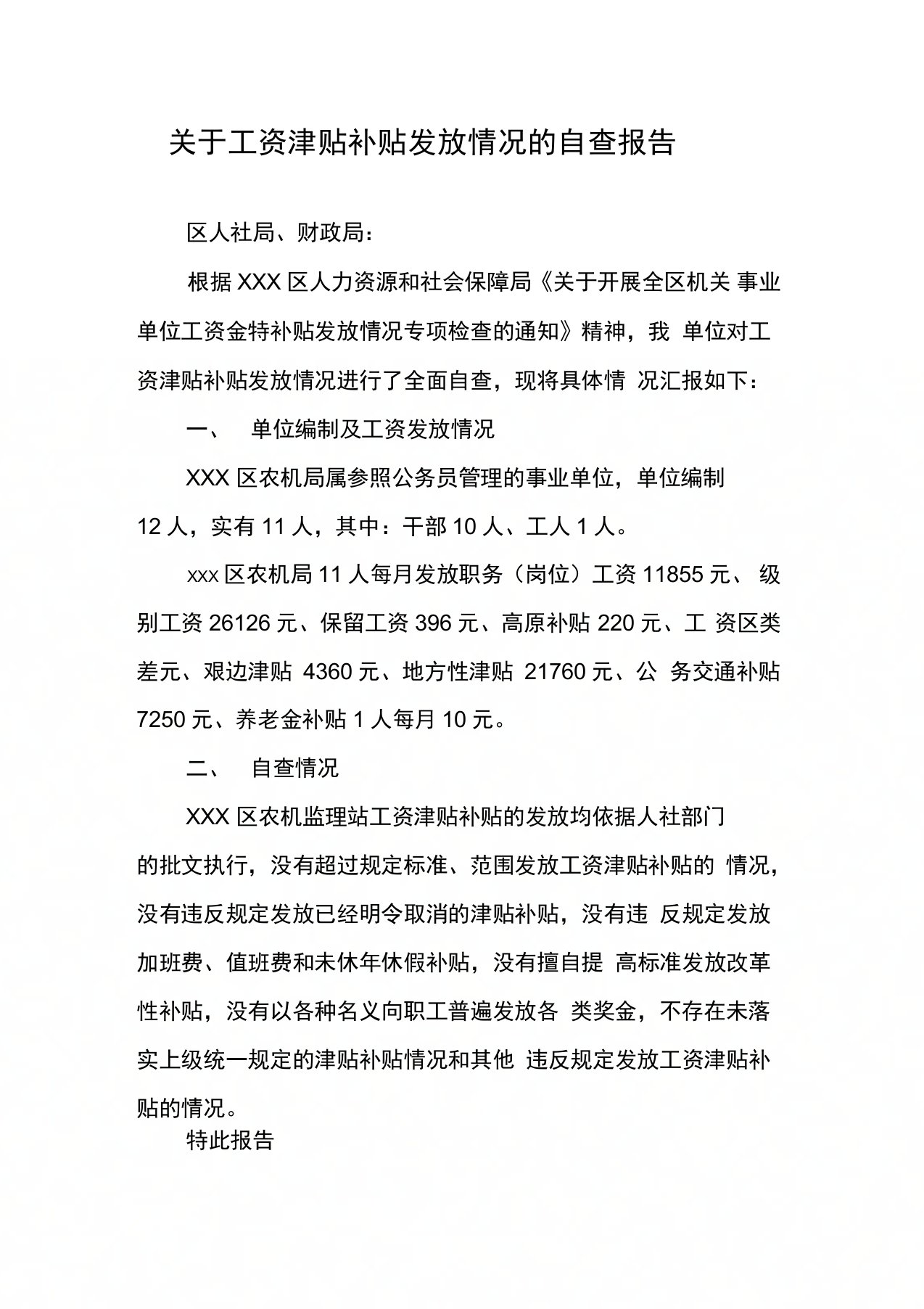 关于工资津贴补贴发放情况的自查报告