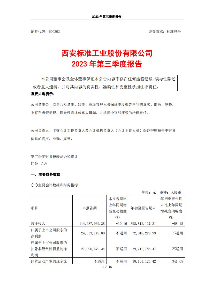 上交所-标准股份2023年第三季度报告-20231027